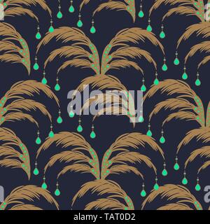 Elegant leaves seamless vector pattern. Palm leaf with gem drops pendants background. Stock Vector