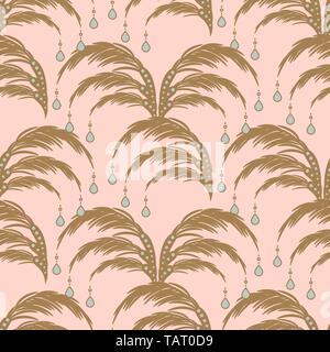 Elegant leaves seamless vector pattern. Palm leaf with gem drops pendants background. Stock Vector