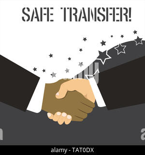 Word writing text Safe Transfer. Business photo showcasing electronic funds transfer from one demonstrating to another Hand Shake Multiracial Male Bus Stock Photo