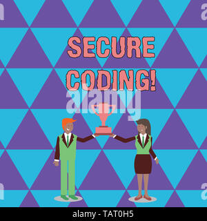 Conceptual hand writing showing Secure Coding. Concept meaning Applied to avoid the introduction of security vulnerabilities Man and Woman Business Su Stock Photo
