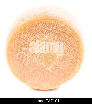 Head (Wheel) of natural hard cheese isolated on white background. Stock Photo