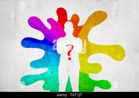 White human silhouette with red question mark and rainbow colorful splash on white wall background Stock Photo