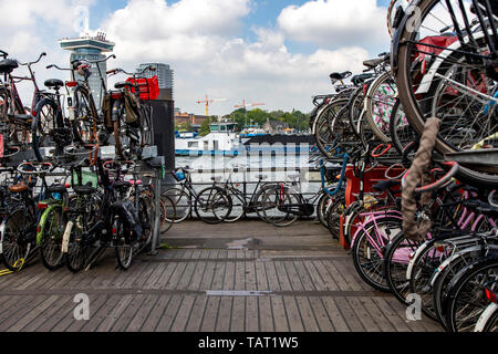 Amsterdam, Netherlands, bicycle parking garage, parking space for bikes at the central station, for over 2100 bicycles, free of charge, on a former pa Stock Photo