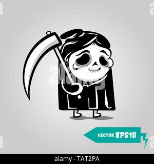 Cute Death with a scythe halloween sticker. Comic book sketch vector. Stitched thread funny monochrome zombie monster. Stock Vector