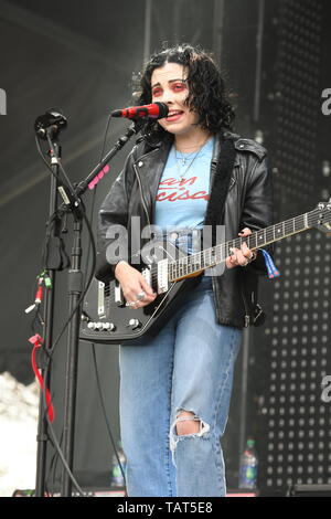 Singer, songwriter and guitarist Heather Baron-Gracie is shown performing on stage during a 'live' stand up appearance with the Pale Waves. Stock Photo