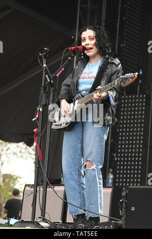 Singer, songwriter and guitarist Heather Baron-Gracie is shown performing on stage during a 'live' stand up appearance with the Pale Waves. Stock Photo