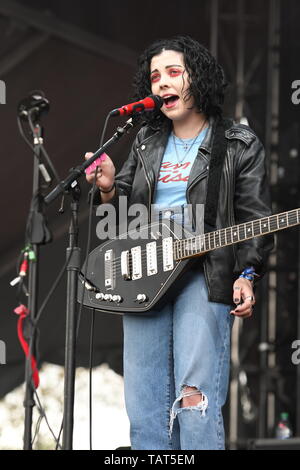 Singer, songwriter and guitarist Heather Baron-Gracie is shown performing on stage during a 'live' stand up appearance with the Pale Waves. Stock Photo