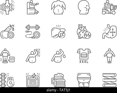 Set of Obesity and Overweight Line Icons. Fat Face, Junk Food, Diet and more. Stock Vector