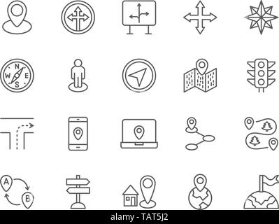 Set of Navigation Line Icons. Compass, Location Pin, GPS Navigation and more. Stock Vector