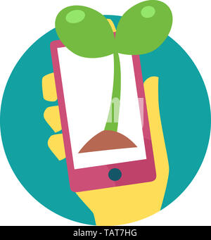 Illustration of a Hand Holding a Mobile Phone with a Seedling Plant as Gardening App Stock Photo