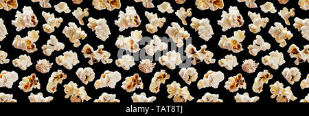 Popcorn seamless pattern. Pop corn on black background Stock Photo