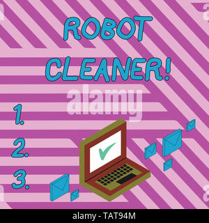 Handwriting text writing Robot Cleaner. Conceptual photo Intelligent programming and a limited vacuum cleaning system Color Mail Envelopes around Lapt Stock Photo