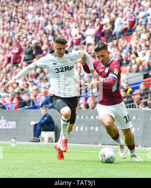 Mason Mount of Derby (left) battles for the ball with Jack Grealish of Aston Villa  during the EFL Sky Bet  Championship Play-Off Final match between Aston Villa and Derby County at Wembley Stadium , London , 27 May 2019 Editorial use only. No merchandising. For Football images FA and Premier League restrictions apply inc. no internet/mobile usage without FAPL license - for details contact Football Dataco Stock Photo