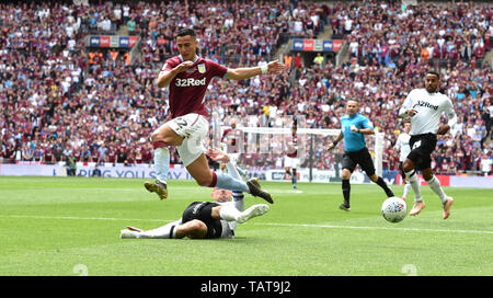 Richard Keogh of Derby tackles Anwar El Ghazi of Aston Villa  during the EFL Sky Bet  Championship Play-Off Final match between Aston Villa and Derby County at Wembley Stadium , London , 27 May 2019 Editorial use only. No merchandising. For Football images FA and Premier League restrictions apply inc. no internet/mobile usage without FAPL license - for details contact Football Dataco Stock Photo