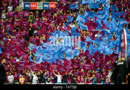 Aston Villa fans during the EFL Sky Bet  Championship Play-Off Final match between Aston Villa and Derby County at Wembley Stadium , London , 27 May 2019 Photo Simon Dack / Telephoto Images. Editorial use only. No merchandising. For Football images FA and Premier League restrictions apply inc. no internet/mobile usage without FAPL license - for details contact Football Dataco Stock Photo