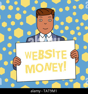 Handwriting text writing Website Money. Conceptual photo Refers to the website we want to promote Where money is earned Smiling Man Holding Formal Sui Stock Photo