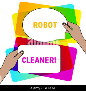 Handwriting text writing Robot Cleaner. Conceptual photo Intelligent programming and a limited vacuum cleaning system Two Blank Figured Tablets Signs  Stock Photo