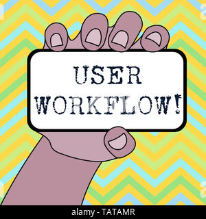 Handwriting text User Workflow. Conceptual photo orchestrated and repeatable pattern of business activity Closeup of Smartphone Device Held in Hand wi Stock Photo