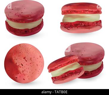 Set pink macaroon on white backround. 3d realistic almond cookies. Vector illustrations. Stock Vector