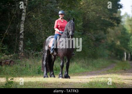 Naked woman rides a horse through the forest Stock Photo - Alamy