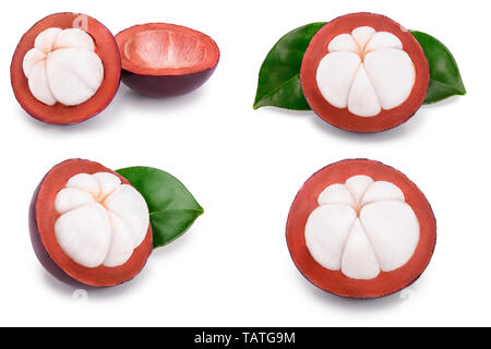 ripe mangosteen with leaves isolated on white background closeup. Set or collection Stock Photo