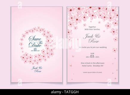 Set of Watercolor Cherry Blossom Wedding Invitation Template. Beautiful Card Multipurpose Template Stock Vector