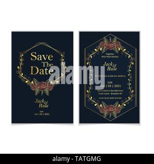 Golden Roses Wedding Invitation Template Set. Luxury and Vintage Design Concept of Save the Date and Invitation Card with Golden Elements and Dark Blu Stock Vector