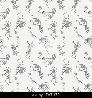Hand drawn Kokopelli seamless pattern. Stylized mythical characters playing flutes. Vector art for prints. design, cards, children and coloring books, Stock Vector
