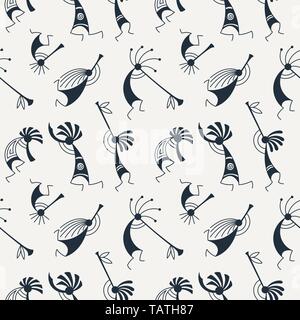 Hand drawn Kokopelli seamless pattern. Stylized mythical characters playing flutes. Vector art for prints. design, cards, children and coloring books, Stock Vector