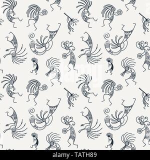Hand drawn Kokopelli seamless pattern. Stylized mythical characters playing flutes. Vector art for prints. design, cards, children and coloring books, Stock Vector