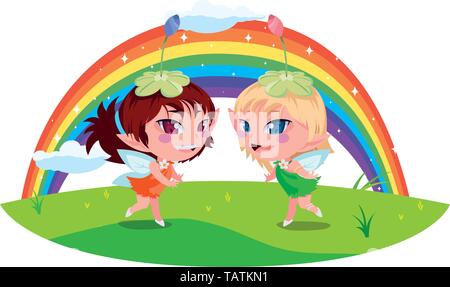 beautiful magic fairies with rainbow scene vector illustration design Stock Vector