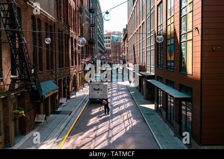 Beautiful architecture of old building and shopping street in Seattle, Washington State USA. Stock Photo