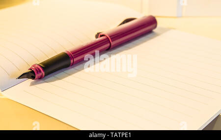a pen on notebook closeup view Stock Photo