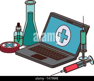 laptop and laboratory instruments isolated icon Stock Vector
