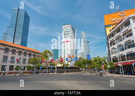 Ho Chi Minh City, Vietnam - April 13, 2019: the downtown with Saigon Centre, Saigon Times Square, Havana Tower, and Bitexco Financial Tower. Stock Photo