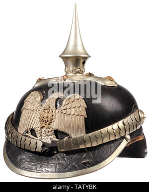 IMPERIAL GERMANY UNTIL 1914, An imperial German police spike helmet Black patent leather body, silver front plate, trim and chin scales, brown leather liner, inside crown is stamped. CCN7088, Additional-Rights-Clearance-Info-Not-Available Stock Photo
