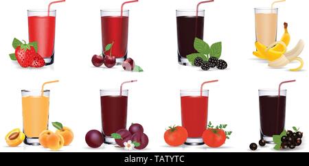 Fresh fruit and vegetable juice in glass. Set of vector icons. Eps 10 Stock Vector