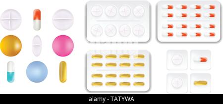 Collection of oval, round and capsule shaped tablets. Medicine and drugs. Realistic medical pills isolated on white background. Vector illustration. Stock Vector