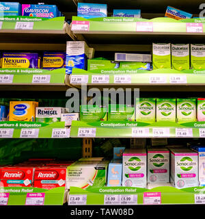 Over The Counter Selection of Stomach or Tummy Problem Remedies For Diarrhoes Constipation Indigestion and Heartburn Stock Photo