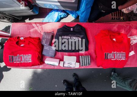 Dortmund, Nordrhein Westfalen, Germany. 25th May, 2019. Among the merchandise being sold with the name of incarcerated Holocaust denier Ursula Haverbeck. Prior to the European Elections, the neonazi party Die Rechte (The Right) organized a rally in the German city of Dortmund to promote their candidate, the incarcerated Holocaust denier Ursula Haverbeck. The demonstration and march were organized by prominent local political figure and neonazi activist Michael Brueck (Michael BrÃ¼ck) who enlisted the help of not only German neonazis, but also assistance from Russian, Bulgarian, Hungarian, an Stock Photo