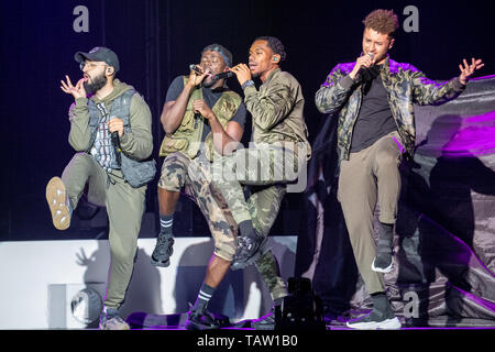 Brighton, UK. 27th May, 2019. Brighton, UK. Monday 27 May 2019.Winners of the fourteenth series of The X Factor Rak-Su The four-piece group consisting of Ashley Fongho, Jamaal Shurland, Myles Stephenson, and Mustafa Rahimtulla sporting Olly Murs at The Brighton Centre, Credit: Jason Richardson/Alamy Live News Stock Photo