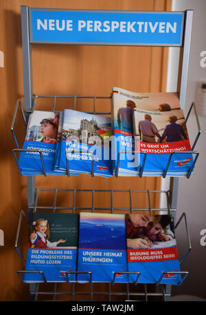 Erfurt, Germany. 21st May, 2019. Information material of the AfD in Thuringia can be seen during a press conference on the position paper of the state parliamentary group. AfD has been a member of the Thuringian Parliament since 2014. Credit: Martin Schutt/dpa-Zentralbild/dpa/Alamy Live News Stock Photo