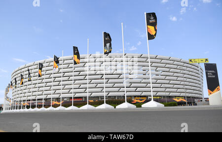 Baku, Azerbaijan. 28th May, 2019. Soccer: Europa League, before the final FC Chelsea - FC Arsenal. Flags fly in front of the Olympic Stadium. The final of the Europa League between FC Chelsea and FC Arsenal will take place here on 29 May 2019. Credit: Arne Dedert/dpa/Alamy Live News Stock Photo