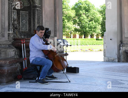 Munich, Germany. 24th May, 2019. An artist plays cello in a garden of the Munich Residenz in Munich, Germany, May 24, 2019. Located in the northern foothills of the Alps in southern Germany, Munich is the capital of the state of Bavaria. It is one of Germany's major economic, cultural, scientific, technological and transportation centers and one of Europe's most prosperous cities. Credit: Lu Yang/Xinhua/Alamy Live News Stock Photo
