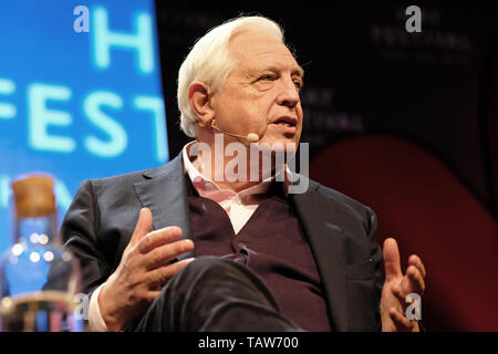 Hay Festival, Hay on Wye, Powys, Wales, UK - Tuesday 28th May 2019 - John Simpson the BBC World Affairs Editor on stage at the Hay Festival talking about his new thriller book Moscow, Midnight. Photo Steven May / Alamy Live News Stock Photo