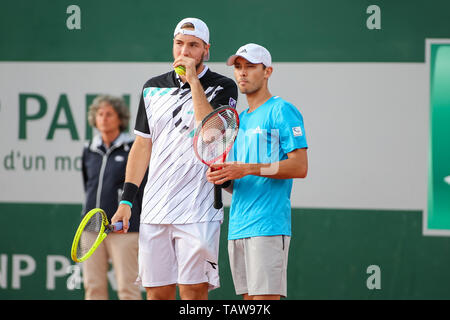 Paris, France. 28th May, 2019. Ben McLachlan of Japan and Jan-Lennard Struff of Germany during the Men's doubles first round match of the French Open tennis tournament against Jeremy Chardy and Fabrice Martin of France at the Roland Garros in Paris, France on May 28, 2019. Credit: AFLO/Alamy Live News Stock Photo