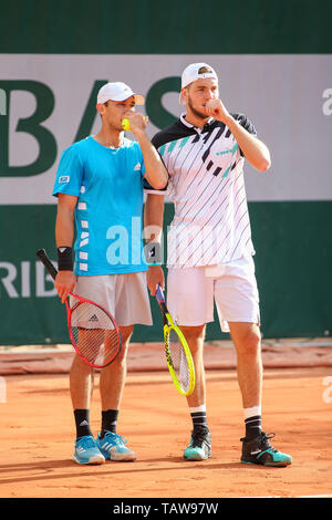 Paris, France. 28th May, 2019. Ben McLachlan of Japan and Jan-Lennard Struff of Germany during the Men's doubles first round match of the French Open tennis tournament against Jeremy Chardy and Fabrice Martin of France at the Roland Garros in Paris, France on May 28, 2019. Credit: AFLO/Alamy Live News Stock Photo