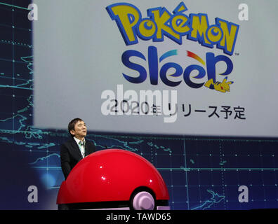 Tokyo, Japan. 29th May, 2019. Japan's Pokemon company president Tsunekazu Ishihara announces the company's business strategy in Tokyo on Wednesday, May 29, 2019. Nintendo's game character company Pokemon will produce the new game app 'Pokemon Sleep' in 2020, which features sleeping time turns into an entertainment for a gameplay. Credit: Yoshio Tsunoda/AFLO/Alamy Live News Stock Photo