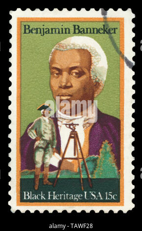 UNITED STATES OF AMERICA - CIRCA 1980: A stamp printed in USA dedicated to black heritage, shows Benjamin Banneker, circa 1980. Stock Photo