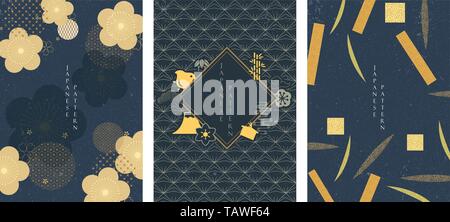 Japanese icons and patterns vector. Blue background with cherry blossom. Leaves and geometric template. Stock Vector